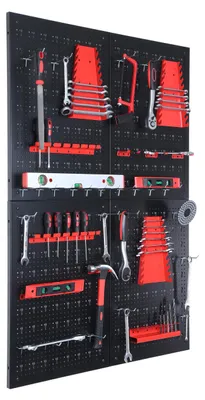 Produktbild von Relaxdays Werkzeugwand, 4 Lochwände, 39-tlg. Zubehör, HxB: 60 x 40 cm, Metall, Werkzeuglochwand, Werkstatt, schwarz/rot