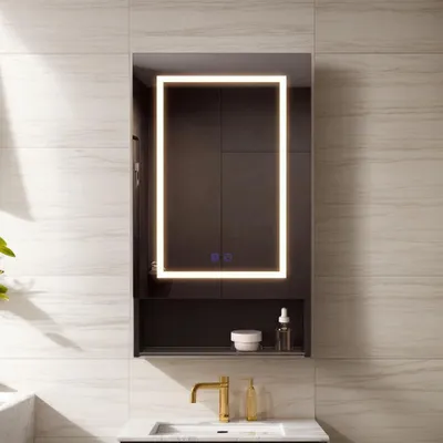 Produktbild von INONEFT Spiegelschrank Bad mit Beleuchtung, Einzeltür Badezimmerschrank mit Spiegel, Wandschrank mit verstellbaren Glasregalen, 50x88x16 cm, Schwarz