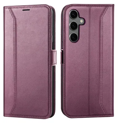 A product shot of a purple flip phone case, shown from the front and back.