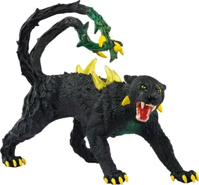 A black panther-like creature with yellow spikes and green vine-like growths on its tail, posed aggressively on a white background.