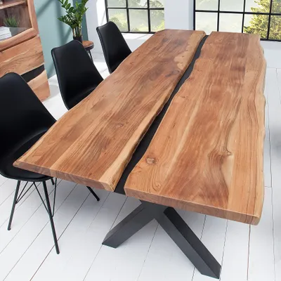Produktbild von riess-ambiente Massivholz Esstisch AMAZONAS 200cm natur Akazie Metall X-Gestell schwarz Baumkante Esszimmertisch Konferenztisch Tisch