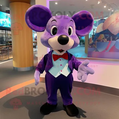 Produktbild von Lila-Maus REDBROKOLY Maskottchen kostüm mit Bermudashorts und Fliege