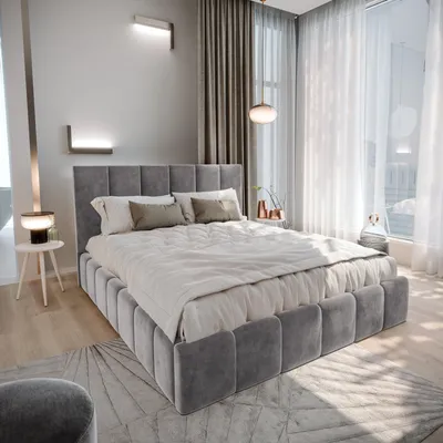 A modern bedroom with a gray upholstered bed as the focal point, featuring soft lighting and elegant curtains.