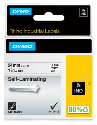 Produktbild von DYMO Rhino Industrie selbstlaminierende etiketten | 24 mm x 5,5 m | Schwarz auf Weiß | für Rhino Beschriftungsgerät, Weiß, 57 g