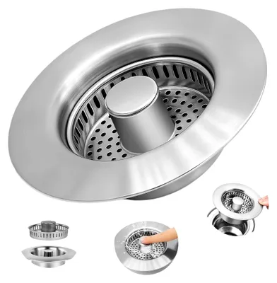 Produktbild von Abflusssieb für Küchenspüle 3-in-1 Pop-Up Edelstahl Abflussstopfen mit Filterkorb für Spülbecken mit einer Tiefe von über 40 mm und einer Bohrung von 75-86 mm