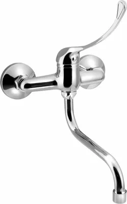 A chrome-plated wall-mounted faucet with a long lever and a curved spout.