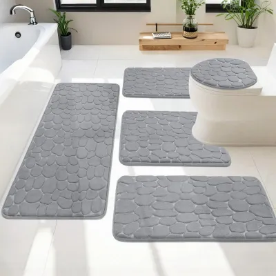 Produktbild von Badezimmermatten-Set, 5-teilig, weiche Badematte und U-förmige WC-Matte, rutschfest und waschbar, grau
