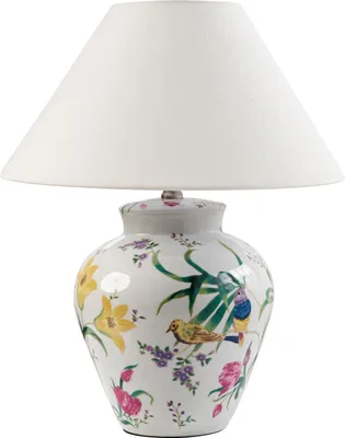 Produktbild von BELIANI Tischlampe Weißer Porzellansockel Leinenglockenschirm mit Blumenmuster Beleuchtung Stilvoll