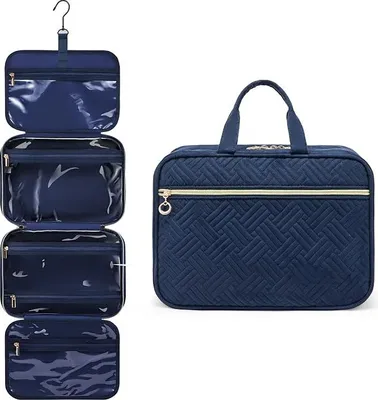 Produktbild von Lovevook Kosmetiktasche, Make-up Tasche für Damen, wasserdicht, zum Aufhängen, faltbar, groß, mit 360 Grad drehbarem Haken, dunkelblau, dunkelblau, Medium
