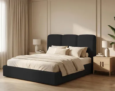Zdjęcie produktu dla Łóżko tapicerowane 120x200 Mira boucle – łóżko z pojemnikiem na pościel i stelażem drewnianym, nowoczesne łóżko do sypialni, tkanina boucle – Czarny