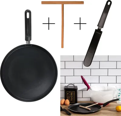 Produktbild von Pfannkuchenpfanne ø 28 cm – inklusive Teigverteiler und Spatel aus Holz – Induktionstest – Crêpes-Pfanne – Pfannenset – -frei – Schwarz