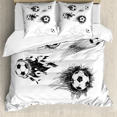 Produktbild von ABAKUHAUS Fußball Bettbezug, Fußball in Flammen, Milbensicher Allergiker geeignet mit Kissenbezügen, 200 cm x 200 cm - 80 x 80 cm, Schwarz-Weiss