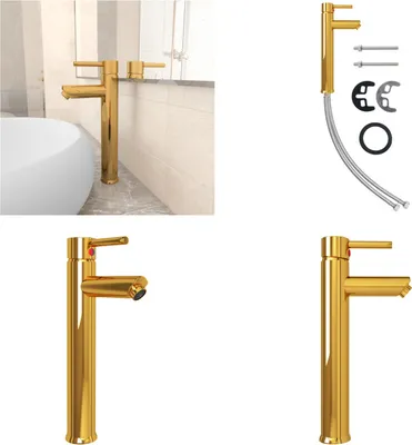 A collage of images showing a golden bathroom faucet and its components.