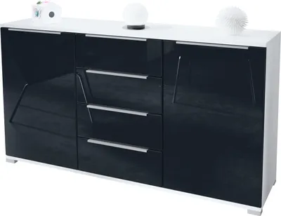 Produktbild von Vladon Sideboard Linio V1, Anrichte mit 2 Türen und 4 Schubladen, Weiß matt / Schwarz Hochglanz (138,5 x 75,5 x 35 cm)