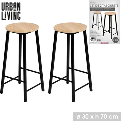 Image de Set de 2 tabourets hauts FRIEND - Bois et noir - Métal et bois - D 30 x H 70 cm