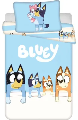 Imagen del producto de Juego de ropa de cuna Bluey, diseño familiar, 100x135 cm, 100% algodón