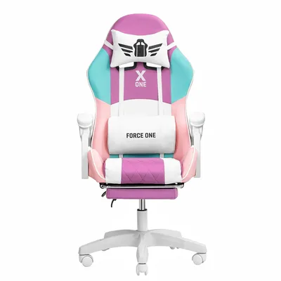 A gaming chair with a footrest and lumbar support, presented on a white background.