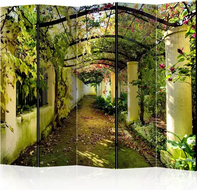 A decorative room divider depicting a garden path with an arbor covered in vines and flowers.