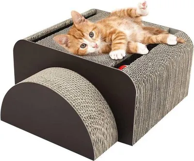 Produktbild von Famanu Katzenkratzspielzeug 2-in-1 - Rechteckige Form - Inklusive Spielbälle - Organischer Clip - Braun