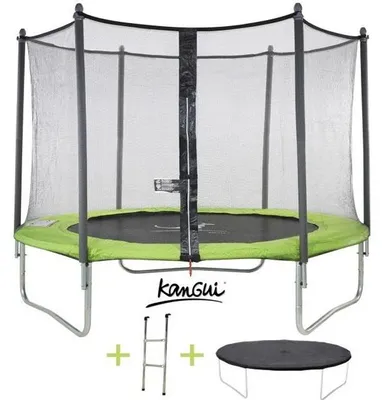 Image de Trampoline Kangui Twin, Ø 305cm, Vert, avec Filet, Échelle et Couverture de Protection