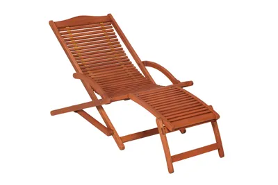 A wooden lounge chair on a white background.