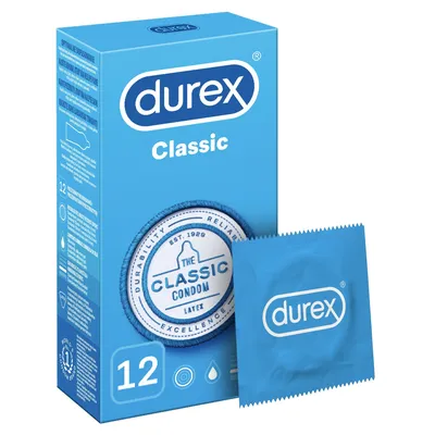 A box of Durex Classic condoms and one individual condom wrapper.