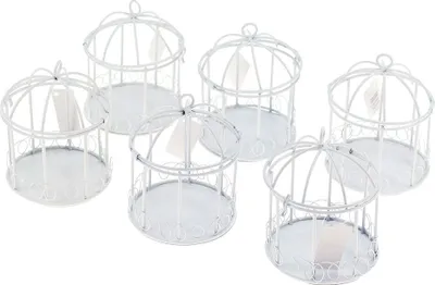 Produktbild von 6 x Käfig Gastgeschenk 10x8cm weiß rund Deko Vogelkäfig Box Metall Giveaway