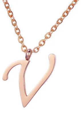 Image de Collier pour femme Morella avec pendentif en forme de V, en acier inoxydable rose doré, dans une pochette à bijoux