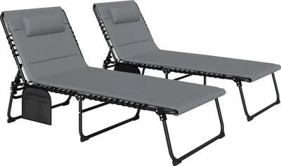 Produktbild von 2er Set Sonnenliege klappbar Gartenliege mit Kopfkissen 5-Fach höhenverstellbarer Rückenlehne Seitentasche Dunkelgrau