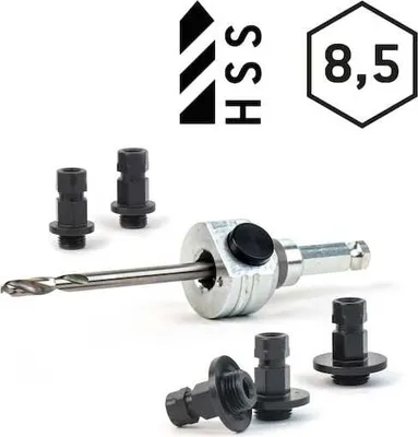 Produktbild von Amboss Schnellwechsel Set 6kant 8.5mm inkl HSS Bohrer + Adapter (2x klein / 3x groß)