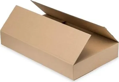 A cardboard box with its lid partially open, shown from a slightly elevated side angle against a white background.