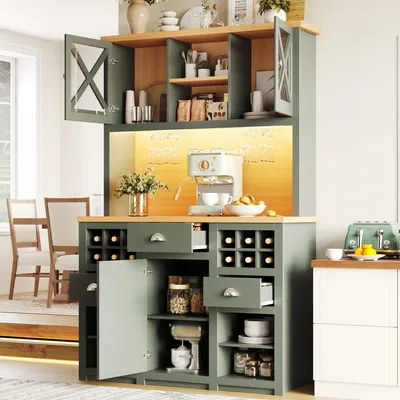 Obrázek produktu pro MODFU kuchyňská skříň 188 cm, highboard s LED osvětlením a skleněnými dvířky, kuchyňská skříň s vinotékou, nastavitelné police a skleněné dvířka, 120 x 45 x 188 cm, zelená