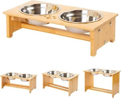 Image de Mangeoire surélevée pour chiens et chats - Support en bambou avec coupelles en acier inoxydable - Pieds antidérapants