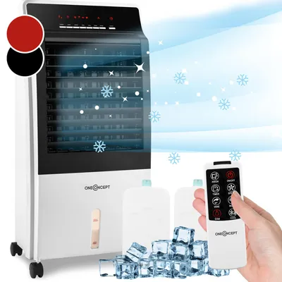 Zdjęcie produktu dla Chłodnica powietrza oneConcept 4 w 1: chłodzenie wodne 65 W, nawilżacz, oczyszczacz i wentylator. Przenośny klimatyzator 8 l, na kółkach, z 2 wkładami chłodzącymi, wydajność 360 m³/h.