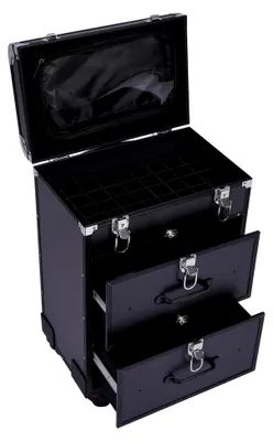 Produktbild von Kosmetikkoffer Trolley mit 3 Schichten, Make-Up Koffer mit 2 Schubladen und 2 Schlössern, Friseurkoffer groß 36x23x58cm, Schminkkoffer mit Rollen zur Kosmetikaufbewahrung (Schwarz)