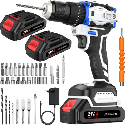 Zdjęcie produktu dla Wiertarko-wkrętarka akumulatorowa – 21 V bezszczotkowa – 70 Nm – 1800 obr./min – 2 akumulatory – oświetlenie robocze LED – wtyczka UE – czarna