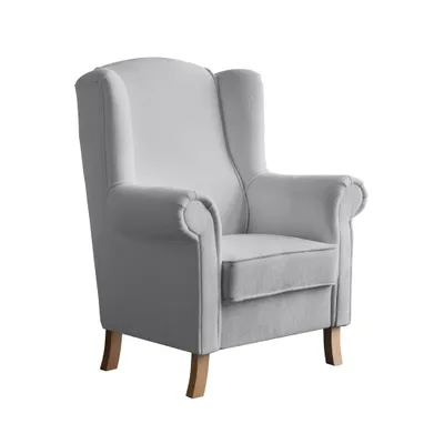 Produktbild von Ohrensessel LEONARDO Relax Sessel für Wohnzimmer, Polstersessel, Bouckle Hellgrau, Holzbeine Buche