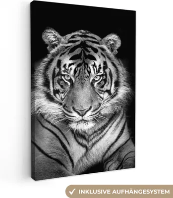 Produktbild von MuchoWow® - Leinwandbilder - Tiger - Raubtier - Schwarz - Weiß, Wandbild, Wanddeko Bilder Wohnzimmer, 80x120 cm