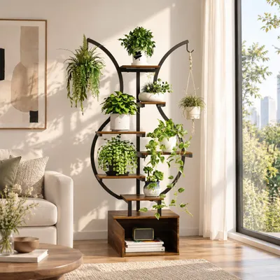 Produktbild von INONEFT Pflanzenstander mit Wachstumslicht, 6 Ebenen Blumenständer Metall Holz, Bogenförmig Pflanzenregal mit Schließfach und Haken, Tigerfellfarben