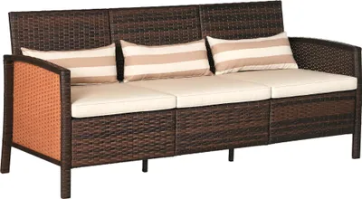 Produktbild von Rattan Sofa mit Kissen, Dreisitzer, Garten Loungesofa, Stahl, Braun, 173 x 68 x 78 cm