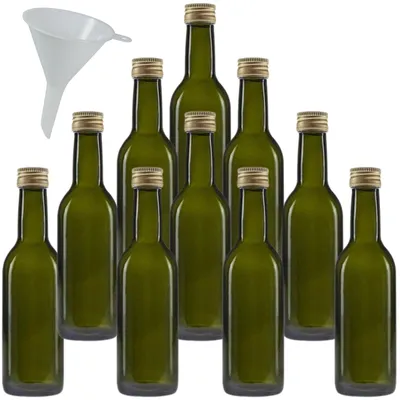 Obrázok produktu pre Sada 10 zelených sklenených fliaš objemu 250 ml s uzáverom so závitom a lievikom