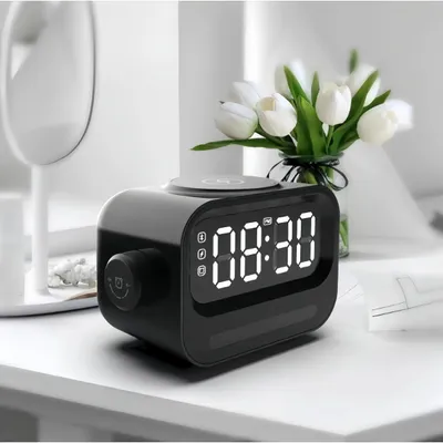 Image de Réveil Bluetooth - Enceinte portable - Recharge sans fil 15 W - Éclairage nocturne et d'ambiance - Alimentation par batterie - USB -via application - Noir