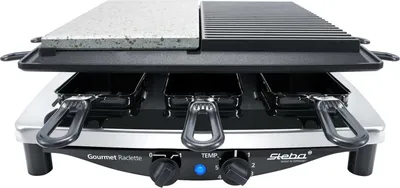 Produktbild von Premium Raclette mit Edelstahlgehäuse, Antihaft-Druckguss-Grillplatte, Natursteingrillplatte, Inkl. wendbarer Guss-Pfanne mit glatter Fläche