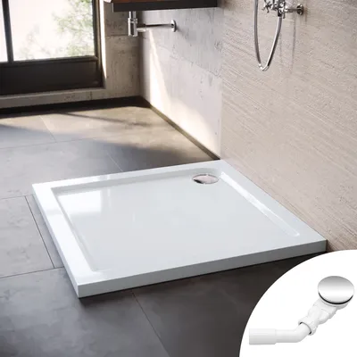 Image de SONNI Receveur de douche carré 80x80x4cm,Receveur de douche ABS, surface antidérapante, avec garniture d'écoulement