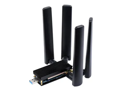 A product shot of a USB Wi-Fi adapter with multiple antennas.