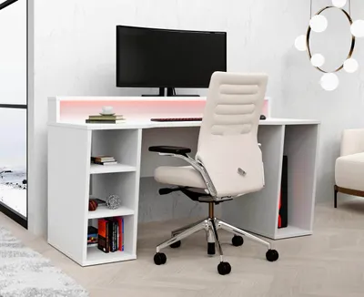 Produktbild von Gaming Tisch TEZAUR 1B Weiß - Computertisch mit LED - 160 cm