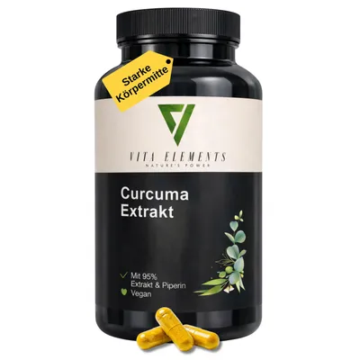 Vita Elements Curcuma Extrakt Kapseln mit 95 % Curcuminoiden und Piperin für eine hohe Bioverfügbark