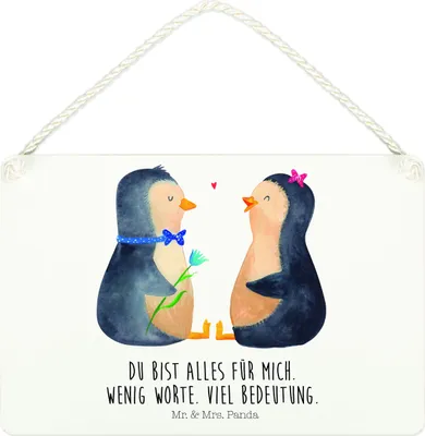 Produktbild von Mr. & Mrs. Panda Schild Pinguin Pärchen DIN A4 - Weiß - Geschenk, Hochzeit, Liebe, Wandbild Holz, Hochzeitstag, holzbild, Hochzeitsgeschenk, Holzschild, wandtafel