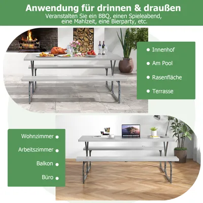 Zdjęcie produktu dla Zestaw namiotów piwnych COSTWAY 183 cm dla 6-8 osób, zestaw wypoczynkowy z 2 ławkami, odporny na warunki atmosferyczne blat HDPE i otwór na parasol, stolik piwny szary