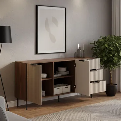Image de Monzun - Buffet, 156x42x75h cm Noyer Marron, 3 Tiroirs